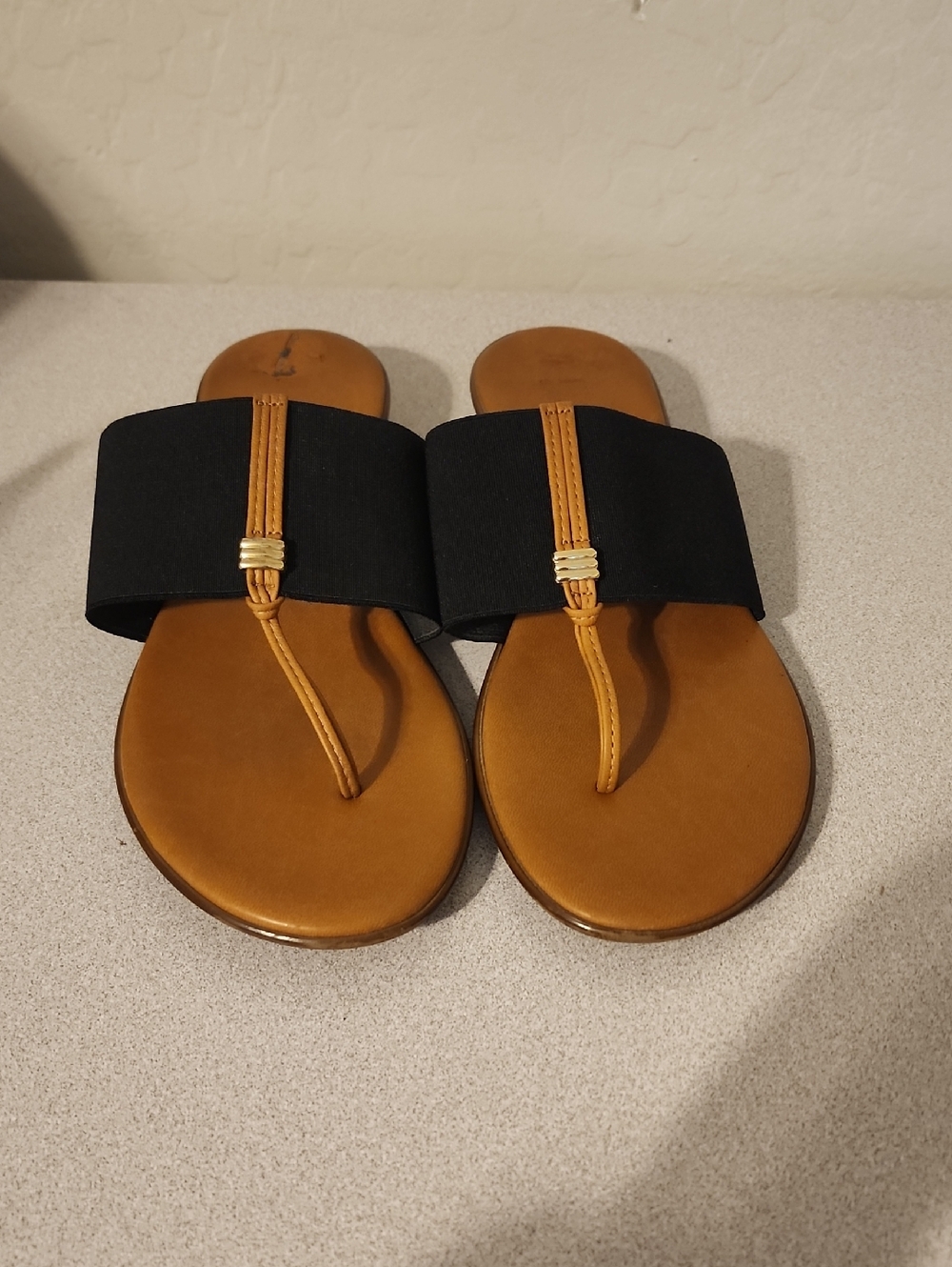 Italian Shoemakers Black & Tan Slide Sandals with Toe-Loop